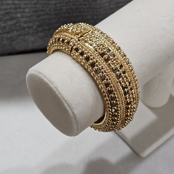 Golden Hinged Domed Cuff Bracelet with Safety Clasp Ornate Heavy - Picture 6 of 16